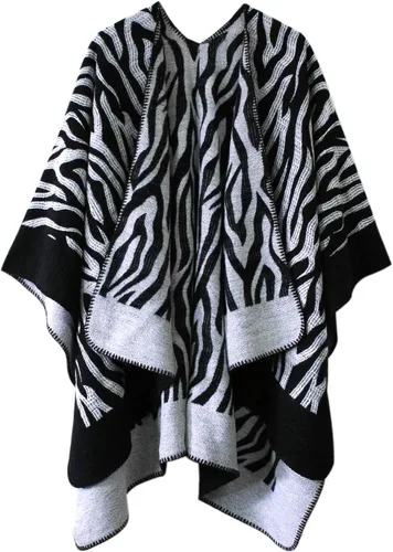 Vista 22 de Chal estilo poncho de frente abierta con patrón vintage para mujer, abrigo de invierno Serie 15-negro