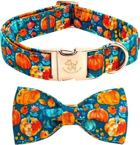 Vista 9 de Elegant little tail - Collar de otoño para mascotas con corbatín, lindo collar de Halloween con estampado de flores y calabaza para cachorros