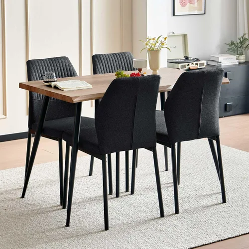 Vista 21 de Juego de mesa de comedor para 4, mesa de comedor rectangular irregular de madera moderna, sillas de comedor de cuero, 4 mesas y sillas, juego de 4