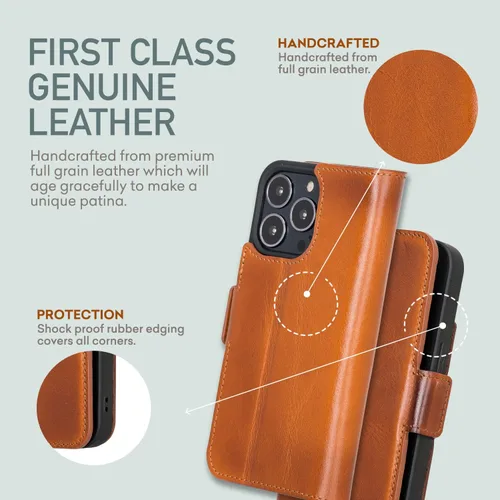 Vista 5 de Bayelon Funda para iPhone 13 Pro Max, funda de piel de grano completo, funda magnética con ranuras para tarjetas, función atril (bronceado rústico)