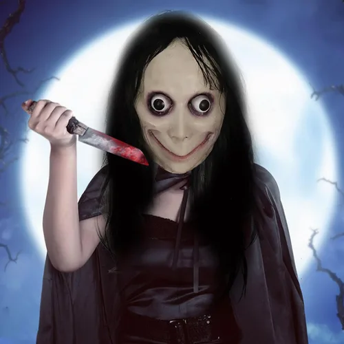 Vista 7 de Máscara MOMO espeluznante de Halloween, hecha a mano de látex aterrador, máscara de goma para fiesta de cosplay
