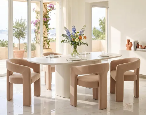 Vista 23 de RIVOVA Silla de comedor moderna de barril, silla lateral acolchada en lino con brazos cómoda para tocador, silla para comedor, sala de estar