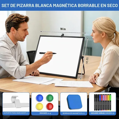 Vista 2 de Pizarra blanca de borrado en seco con soporte, pizarra magnética de doble Negro