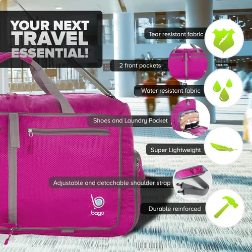 Vista 2 de Bago Bolsa de viaje para hombre y mujer, ligera, plegable, bolsa de lona para equipaje de 15.85 gal, 21.13 gal, y 26.42 gal (60 L, 80 L y 100 L)