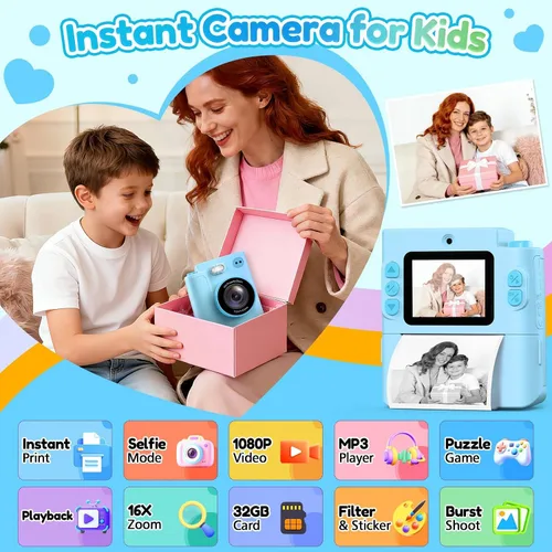 Vista 2 de Cámara para niños Impresión instantánea: Juguetes para niños y niñas, cámara digital que imprime fotos, regalo de cumpleaños de doble lente