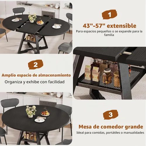 Vista 8 de Mesa de comedor redonda extensible de 43 a 57 pulgadas para 4-6, moderna mesa de comedor ovalada de cocina industrial con hojas extraíbles, base