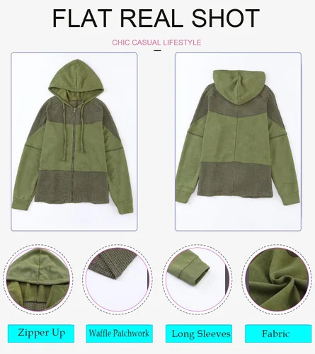 Vista 4 de Dokotoo Sudaderas con capucha de punto gofre para mujer, con cremallera y cordón, ropa de moda casual de otoño