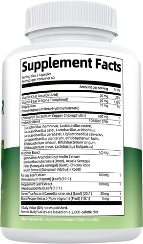Vista 9 de Suplemento desodorizante corporal de clorofila con 10 mil millones de UFC probióticos, vitamina C y E, perejil, menta, té verde, prebióticos