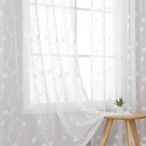 Vista 74 de VISIONTEX 2 paneles de cortinas traslúcidas de 63 in de largo, cortinas de gasa semitransparentes bordadas con hojas florales beige, bolsillo