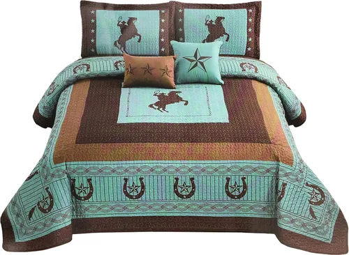 Vista 5 de Western Collection Edredón de lujo con cojines para el hogar, 5 piezas, estrellas occidentales y caballos, vaquero, colcha de gran