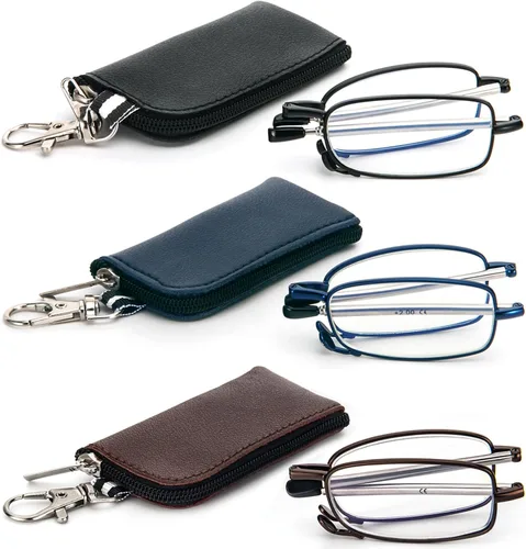 Vista 13 de Paquete de 3 lentes de lectura plegables con llavero, bolsas compactas, para mujeres y hombres, bloqueo de luz azul, bisagra de resorte, lectores