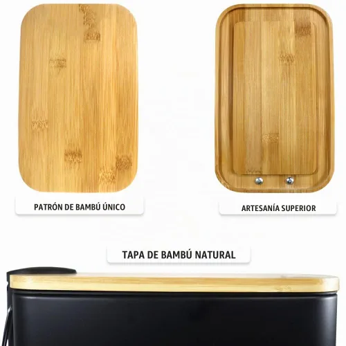 Vista 5 de SIDIANBAN Basurero de baño con tapa de bambú, cierre suave y pedal de pie, pequeño cubo de basura rectangular delgado con papelera