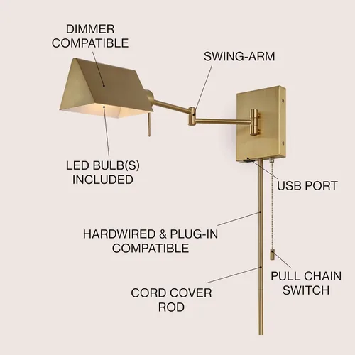 Vista 3 de JONATHAN Y Aplique de pared con brazo oscilante dorado de latón de 22 pulgadas, enchufable o cableado con puerto de carga USB y cadena de tracción