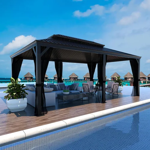 Vista 12 de MUPATER Gazebo para exteriores de 10 x 12 pies, carpa de techo rígido con doble techo, estructura resistente con sistema de drenaje y mosquitera