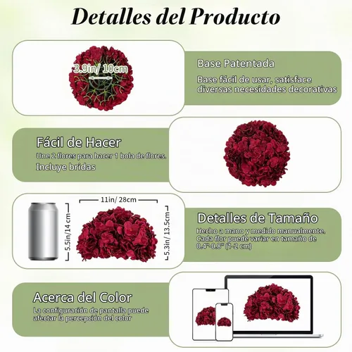 Vista 5 de BLOSMON Hydrangea Artificial Flowers Ball Centerpieces for Wedding, 6 Pcs Borgoña