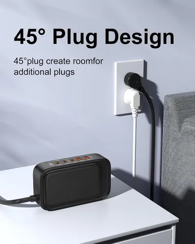 Vista 7 de Regleta de alimentación 7 en 1, regleta de alimentación PD USB C de 85W con 3 USB-C, 2 puertos USB-A y toma de corriente AC de 2500W, enchufe plano