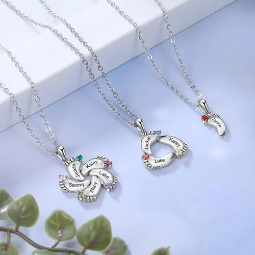 Vista 6 de Collar de piedra natal personalizado con pies de bebé, collar con 1-6 piedras natales y nombres, collar de piedra natal para madre y familia