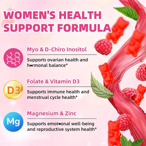 Vista 3 de Gomitas de suplemento de inositol para mujer, sabor a frambuesa