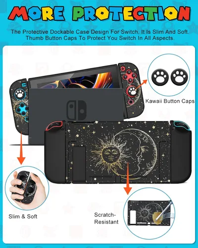 Vista 5 de Funda 9in1 Sun Moon Witchy Switch para Nintendo Switch, fundas de transporte y accesorios de almacenamiento, kit de agarre para pulgar+soporte