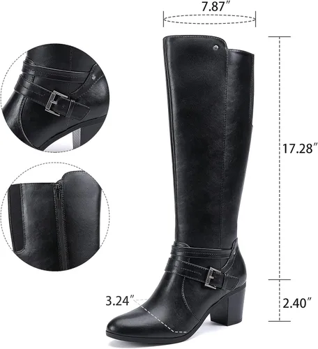 Vista 7 de EETTARO Botas de tacón medio para mujer, hasta la rodilla, botas de invierno con hebilla elástica