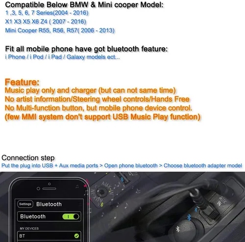 Vista 5 de Adaptador Bluetooth para coche Mini Cooper BMW Compatible con teléfono Android Apple, música AUX 3.5, cable inalámbrico capaz