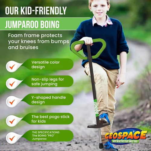 Vista 5 de Geospace Jumparoo Boing! Palo Pogo mediano 'PRO' para niños, soporta 60 a 100 libras, juguete al aire libre para niños y niñas, juego activo