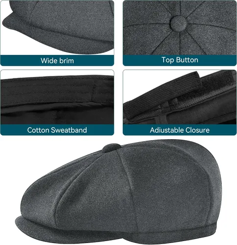 Vista 3 de Gorra de Newsboy de mezcla de lana para hombre, gorra irlandesa de periódicos, sombrero de taxista