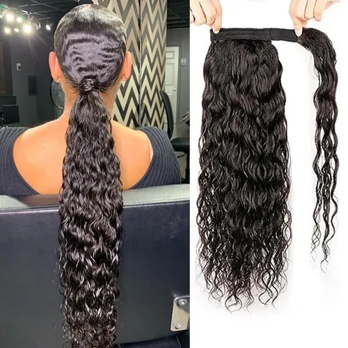 Vista 10 de Extensiones de cabello con ondas de agua para cola de caballo, trenzado humano, pegamento mágico Pony, extensiones de cabello humano brasileño