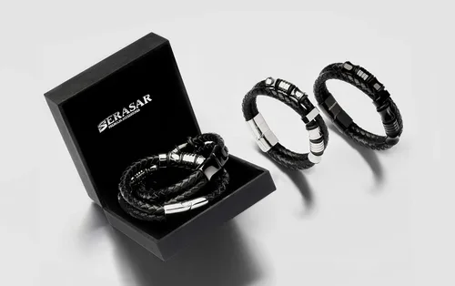 Vista 7 de SERASAR Premium Leather Bracelet Men Stainless Steel Magnetic Clasp Three Colors Jewelry Box Included