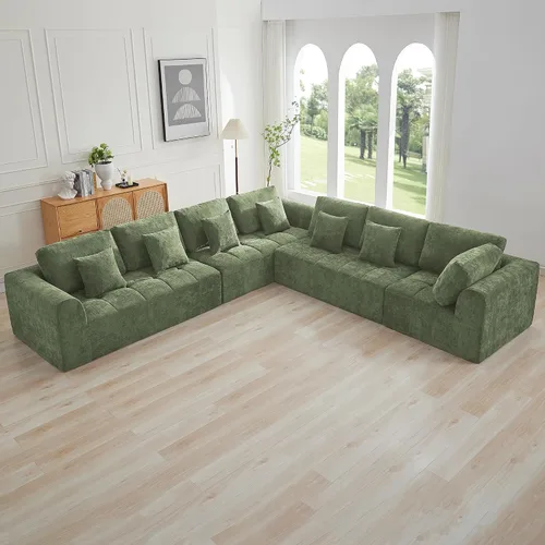 Vista 26 de Sofás seccionales modulares de 110 pulgadas para sala de estar, sofá seccional comprimido sin hueso, sofá de espuma viscoelástica tapizado de 3 Beige