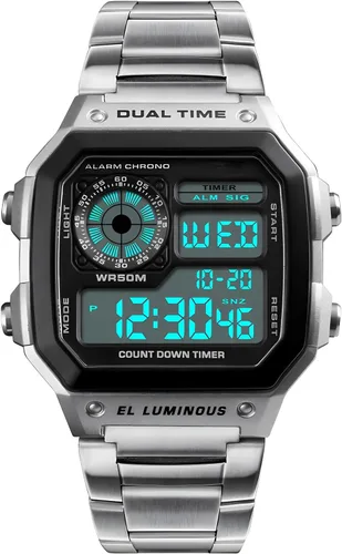 Vista 7 de PASOY Reloj de pulsera digital multifunción para hombre, con hora doble, alarma, cronómetro, cuenta regresiva, retroiluminación, resistente al agua