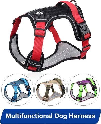 Vista 5 de Arnés para perros medianos y grandes, chaleco de servicio antitirones con asa, collar para perros pequeños y grandes, con cuello y pecho ajustables
