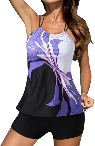 Vista 4 de WPNMASNP Trajes de baño tankini para mujer, traje de baño de dos piezas, estampado floral, cintura alta, volantes, cuello en V, trajes de baño 2024