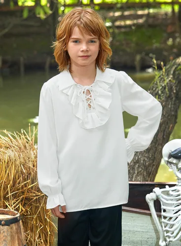 Vista 2 de Halloween - Ropa de pirata medieval para niños, camisa renacentista de jacobita escocesa Ghillie para niños de 4 a 12 años
