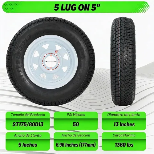 Vista 2 de Neumáticos y Llantas de Remolque ST175/80D13 175 80 13, 5 Pernos en 4.5", Rueda de Radios Blancos Rango de Carga C, 6 Capas, Juego de 2
