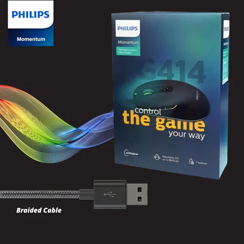 Vista 7 de PHILIPS Ratón para juegos con cable RGB, 7 botones programables, DPI ajustable, cómodo agarre ergonómico óptico PC PC Gamer Ratones