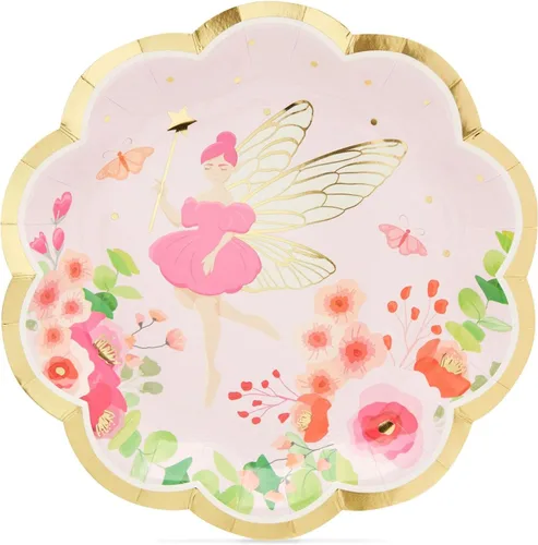Vista 3 de Sparkle and Bash Platos de hadas – Papel de 9 pulgadas, floral, paquete de 48 – Platos temáticos de hadas, platos de cena y postre para niñas