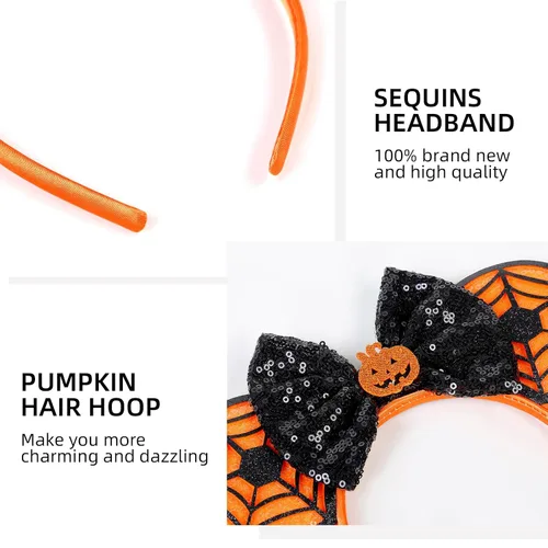 Vista 7 de Diademas de orejas de ratón de Halloween para mujer, decoración de lazo para el pelo con calabaza y telaraña, diadema de lentejuelas, fiesta
