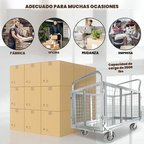 Vista 7 de Carrito de Plataforma con Jaula, Multiusos 6 en 1 Plegable Carrito de Plataforma Plana Carrito de Empuje Resistente Diablito con Ruedas Giratorias