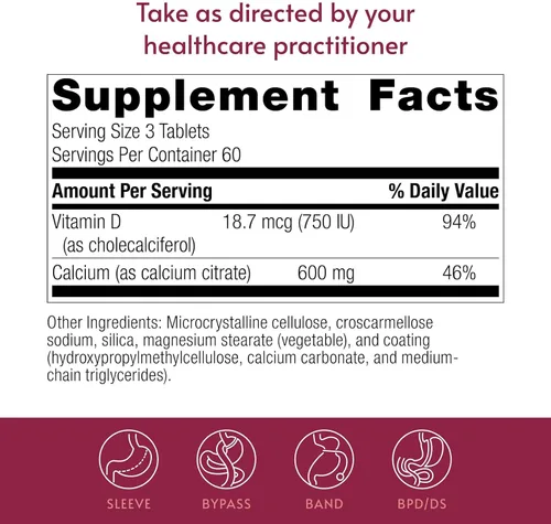 Vista 4 de Bariatric Advantage Citrato de calcio no masticable 600 mg de calcio - para pacientes de cirugía bariátrica - Vitamina D3 - Suplementos minerales