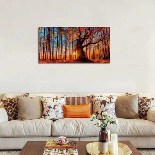 Vista 4 de Arte de pared de bosque grande, bosque y puesta de sol, lienzo, cuadros de hojas rojas, paisaje, lienzo, obra de arte contemporánea de naturaleza