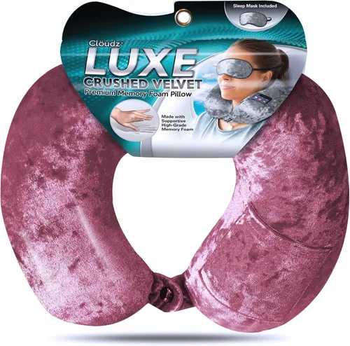 Vista 2 de Cloudz Luxe Crushed Velvet Ultra Premium Comforlite Almohada de cuello de viaje en avión con máscara de dormir lujosamente suave a juego, color malva