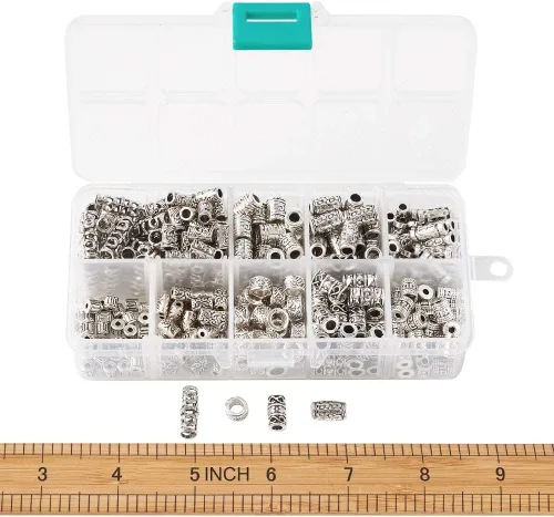 Vista 7 de KISSITTY 300 unidades/caja de cuentas espaciadoras de columna de plata antigua tibetana con dije de tubo para barba para hombres de 0.177 in a 0.709