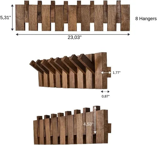 Vista 8 de Perchero hecho a mano de madera de nogal maciza – Ganchos abatibles montados en la pared para chaquetas, sombreros, toallas y bolsas – Organizador