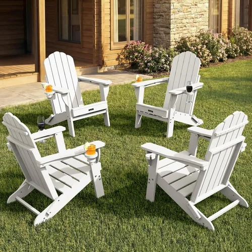 Vista 32 de Silla Adirondack plegable, silla Adirondack de HDPE con 2 soportes para tazas, sillas para fogatas al aire libre de fácil montaje para patio