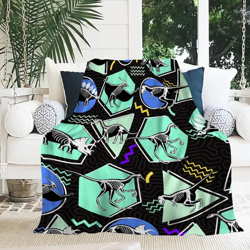 Vista 6 de Manta de bebé de esqueletos de dinosaurios de neón retro de los años 80, regalos para niños y niñas, decoración de dinosaurios, felpa suave