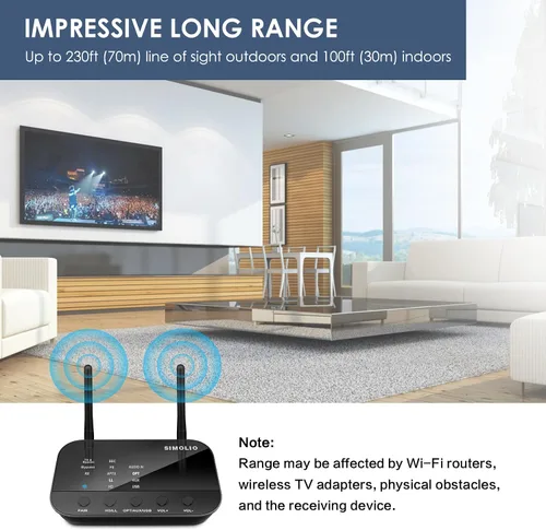Vista 6 de SIMOLIO Receptor transmisor Bluetooth para TV, adaptador de baja latencia aptX 2-in-1 Wireless Audio Adapter Connects 2 Headphones, with aptX HD