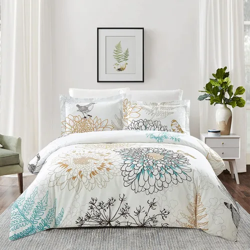 Vista 16 de Style Quarters Dahlia Lane - Juego de funda de edredón de 3 piezas, tallos florales multicolor con siluetas de hojas blancas, 100% algodón, lavable