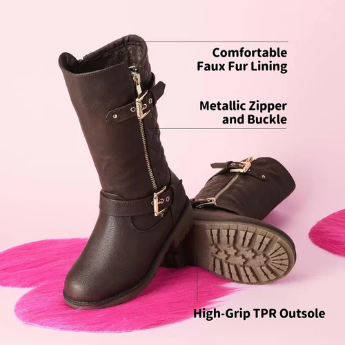 Vista 5 de DREAM PAIRS - Botas de invierno para montar en motocicleta para niñas, con forro de piel sintética, altura hasta la rodilla, tallas ToddlerLittle