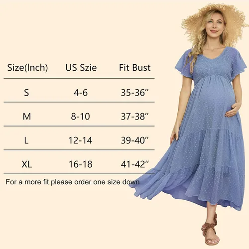 Vista 6 de Vestido de maternidad fruncido de lunares suizos para baby shower, sesión de fotos, casual, cuello en V, manga con volantes, cintura imperio